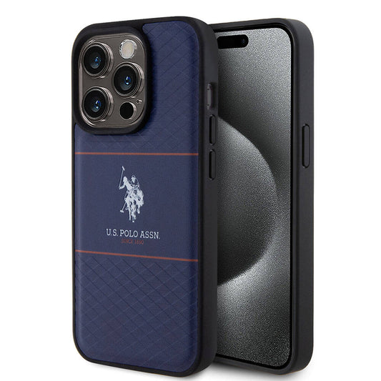 iPhone 15 Pro Kılıf U.S. Polo Assn. Orjinal Lisanslı Deri Şeritli Logo Dizayn Kılıf Lacivert
