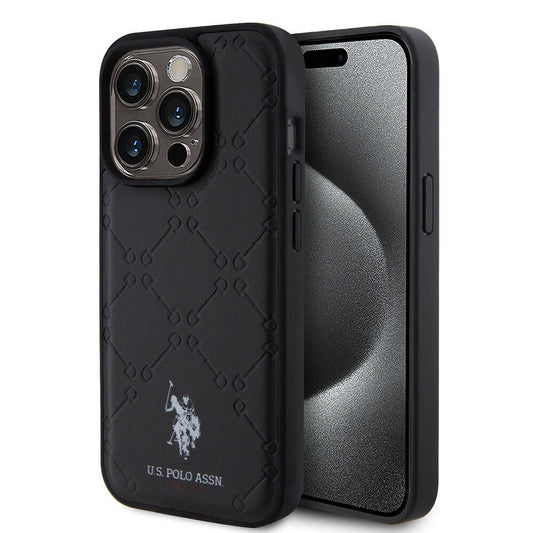 iPhone 15 Pro Kılıf U.S. Polo Assn. Orjinal Lisanslı HS Desenli Baskı Logolu Suni Deri Kılıf Siyah