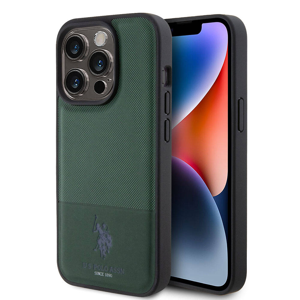 iPhone 15 Pro Kılıf U.S. Polo Assn. Orjinal Lisanslı Suni Deri Arka Yüzey Baskı Logolu Örgü Desenli Kılıf Yeşil