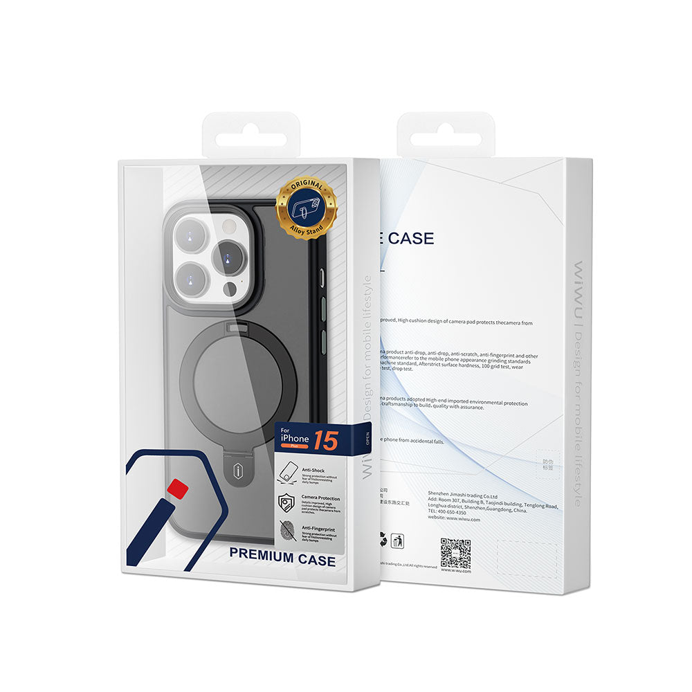 iPhone 15 Pro Max Kılıf Wiwu ZMM-010 Magsafe Şarj Özellikli Mat Arka Yüzey Standlı Kılıf Siyah