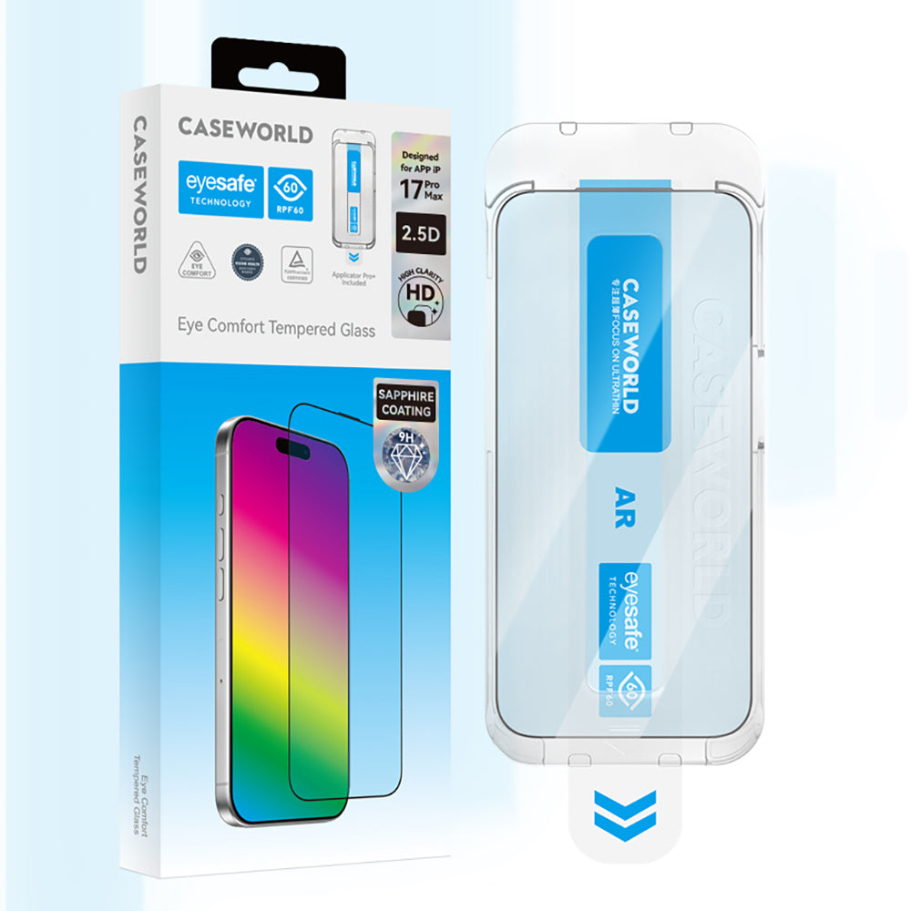 Apple iPhone 15 Pro Max CaseWorld Applicator Serisi 2.5D Eyesafe Mavi Işık Teknolojili Safir 0.33mm Temperli Cam Ekran Koruyucu + Uygulama Aparatı