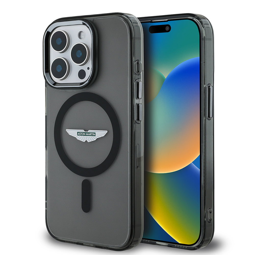 Apple iPhone 15 Pro Max Kılıf Aston Martin Orjinal Lisanslı M-safe Şarj Özellikli  IML Baskı Logolu Metal Düğmeli Kapak Siyah