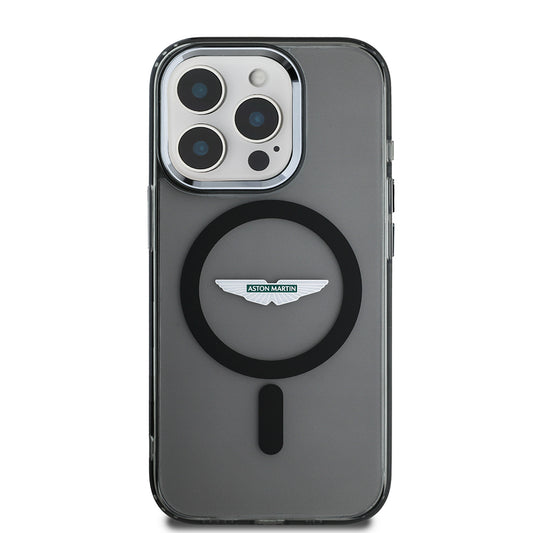 Apple iPhone 15 Pro Max Kılıf Aston Martin Orjinal Lisanslı M-safe Şarj Özellikli  IML Baskı Logolu Metal Düğmeli Kapak Siyah