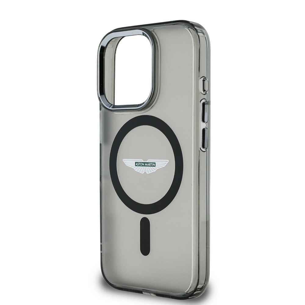 Apple iPhone 15 Pro Max Kılıf Aston Martin Orjinal Lisanslı M-safe Şarj Özellikli  IML Baskı Logolu Metal Düğmeli Kapak Siyah