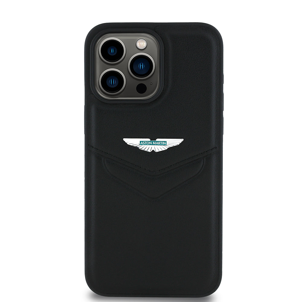 Apple iPhone 15 Pro Max Kılıf Aston Martin Orjinal Lisanslı Victory Dizayn PU Deri Metal Logolu Kapak Siyah