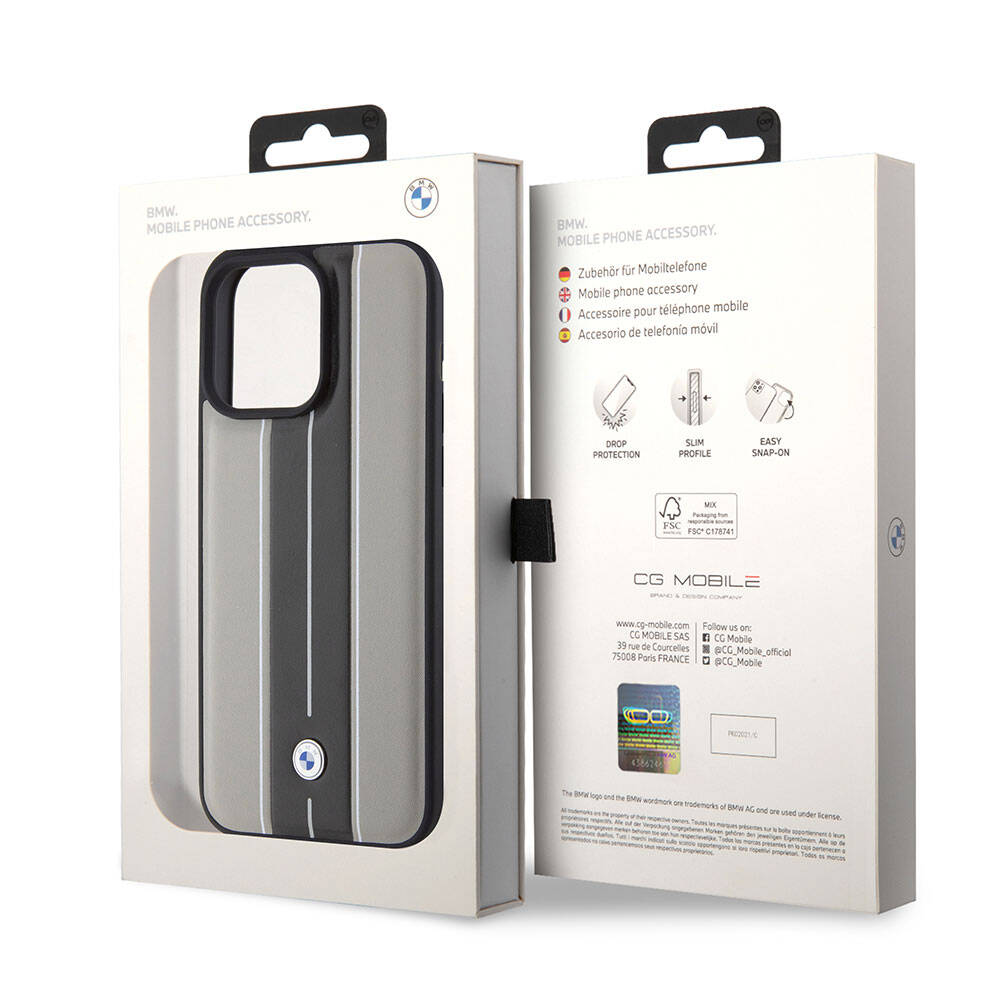 iPhone 15 Pro Max Kılıf BMW Orjinal Lisanslı Deri Arka Yüzey Metal Logolu Çift Şerit Tasarımlı Kılıf Krem