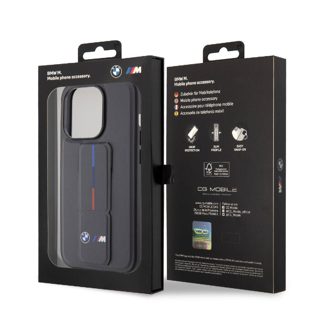 iPhone 15 Pro Max Kılıf BMW Orjinal Lisanslı M Şerit ve Logolu Standlı Kılıf Siyah