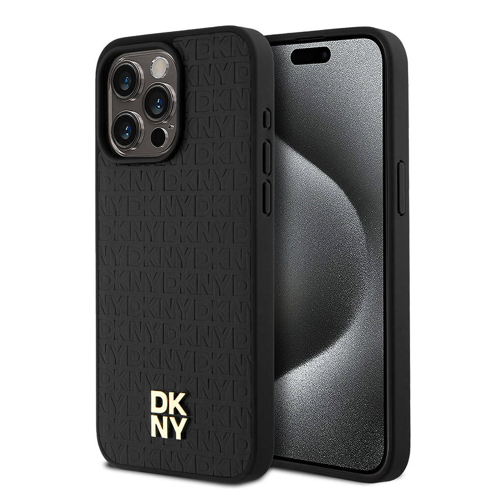 iPhone 15 Pro Max Kılıf DKNY Orjinal Lisanslı Magsafe Şarj Özellikli 3D Yazılı Repeat Pattern Kılıf Siyah