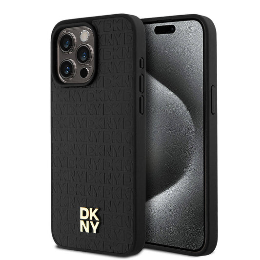 iPhone 15 Pro Max Kılıf DKNY Orjinal Lisanslı Magsafe Şarj Özellikli 3D Yazılı Repeat Pattern Kılıf Siyah