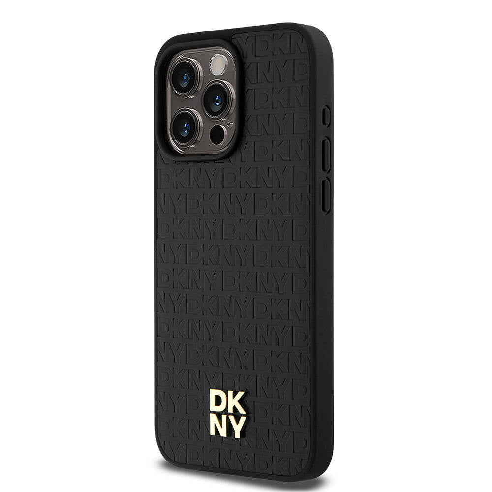iPhone 15 Pro Max Kılıf DKNY Orjinal Lisanslı Magsafe Şarj Özellikli 3D Yazılı Repeat Pattern Kılıf Siyah
