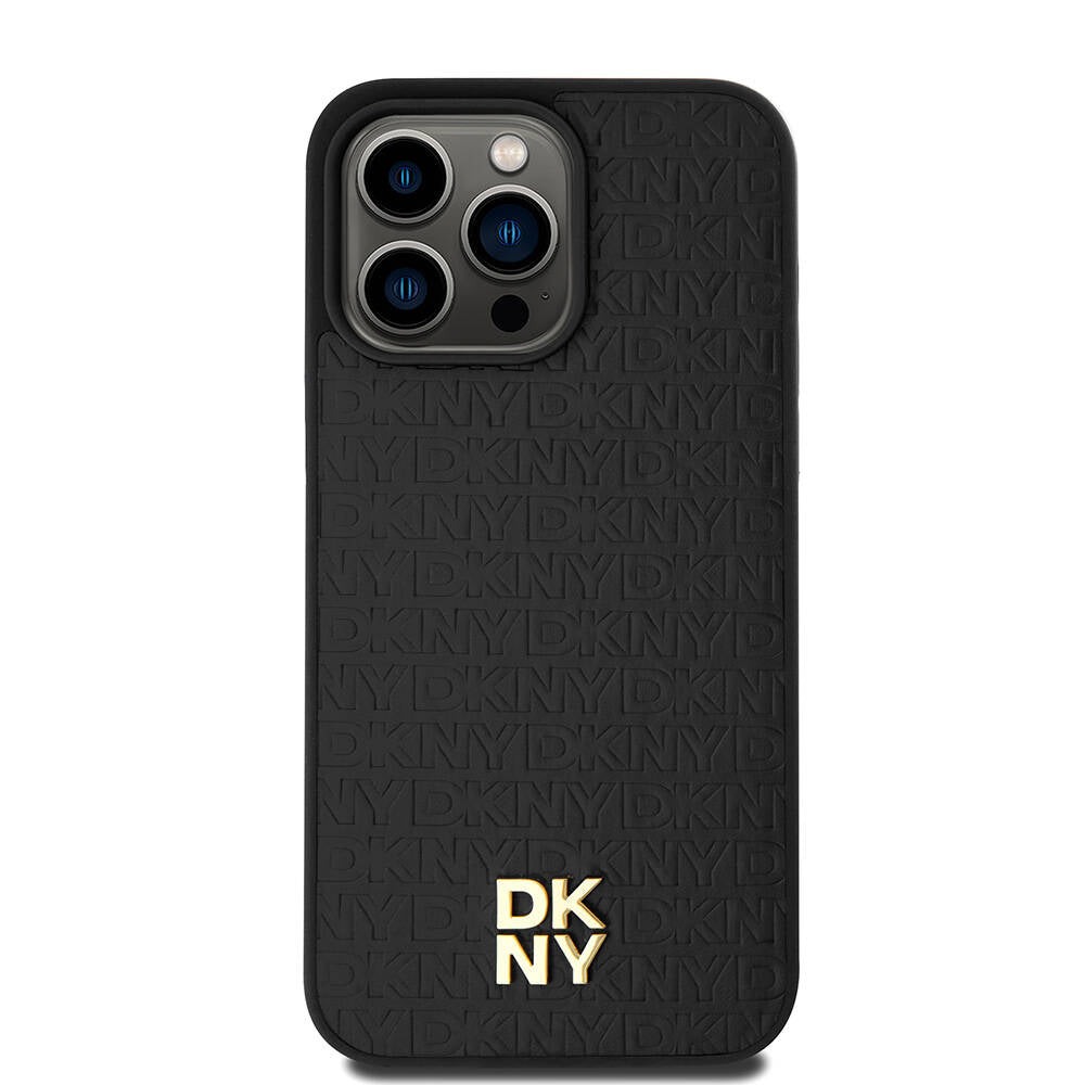 iPhone 15 Pro Max Kılıf DKNY Orjinal Lisanslı Magsafe Şarj Özellikli 3D Yazılı Repeat Pattern Kılıf Siyah
