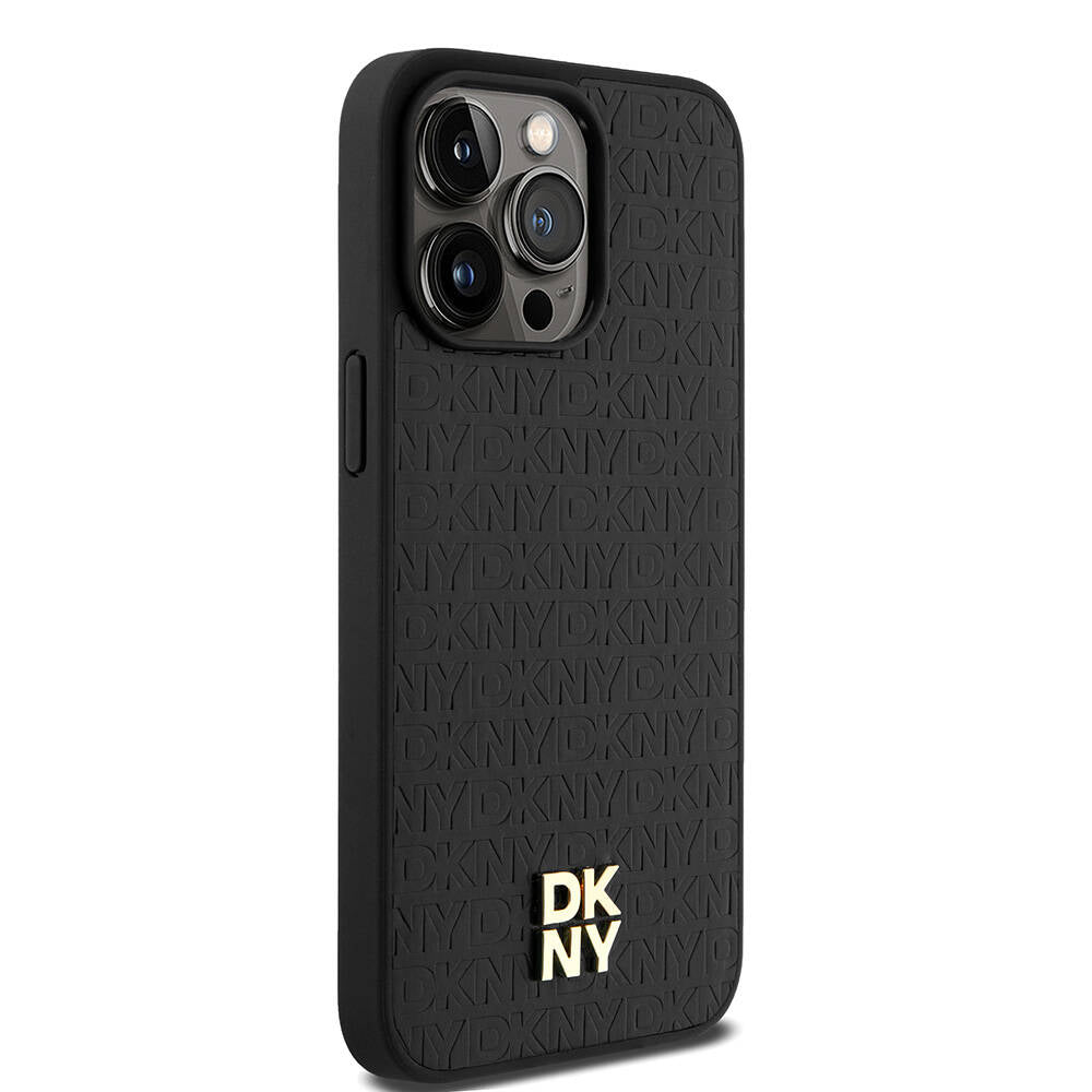 iPhone 15 Pro Max Kılıf DKNY Orjinal Lisanslı Magsafe Şarj Özellikli 3D Yazılı Repeat Pattern Kılıf Siyah
