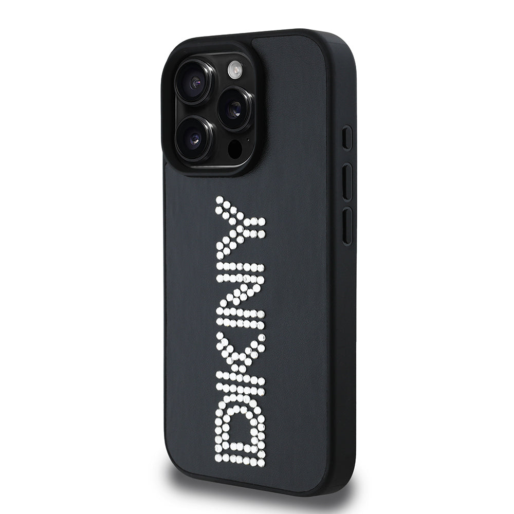 Apple iPhone 15 Pro Max Kılıf DKNY Orjinal Lisanslı Taşlı DKNY Yazılı Metalik Rhinestones PU Deri Kapak Siyah