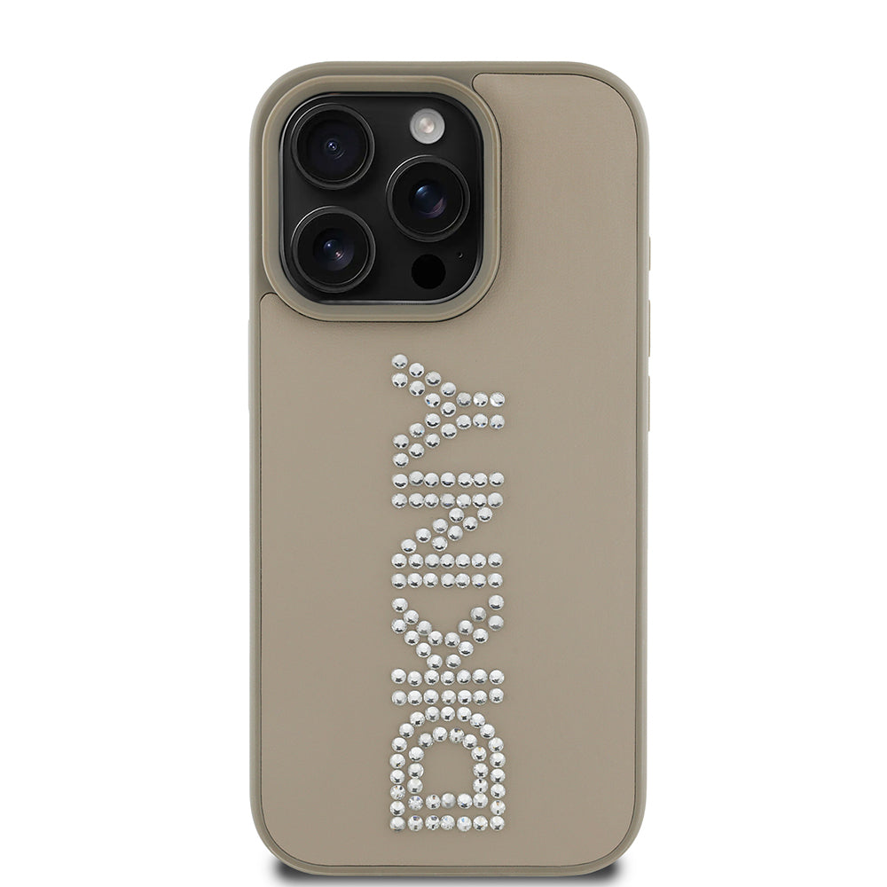 Apple iPhone 15 Pro Max Kılıf DKNY Orjinal Lisanslı Taşlı DKNY Yazılı Metalik Rhinestones PU Deri Kapak