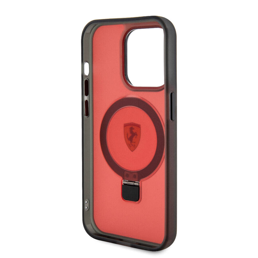 iPhone 15 Pro Max Kılıf Ferrari Magsafe Şarj Özellikli Standlı Buzlu Yüzey Dizayn Kılıf Transparan Siyah