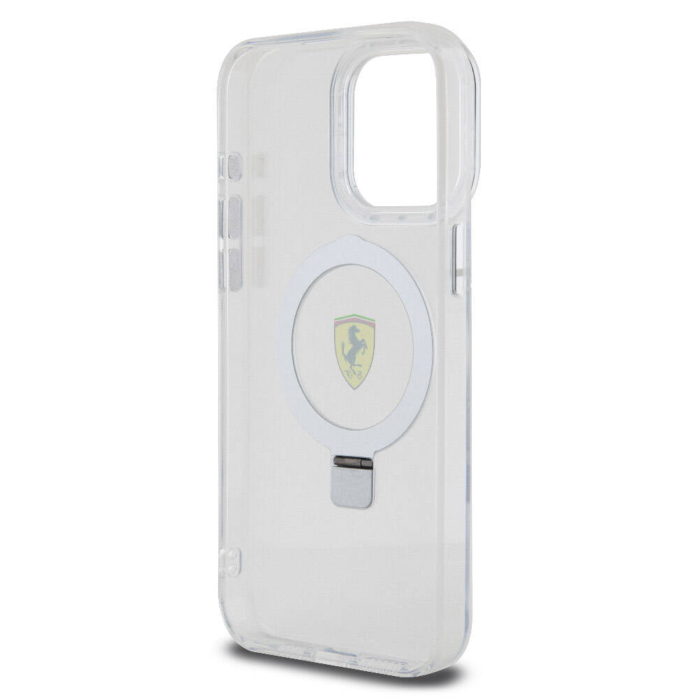 iPhone 15 Pro Max Kılıf Ferrari Magsafe Şarj Özellikli Standlı Buzlu Yüzey Dizayn Kılıf Transparan Siyah