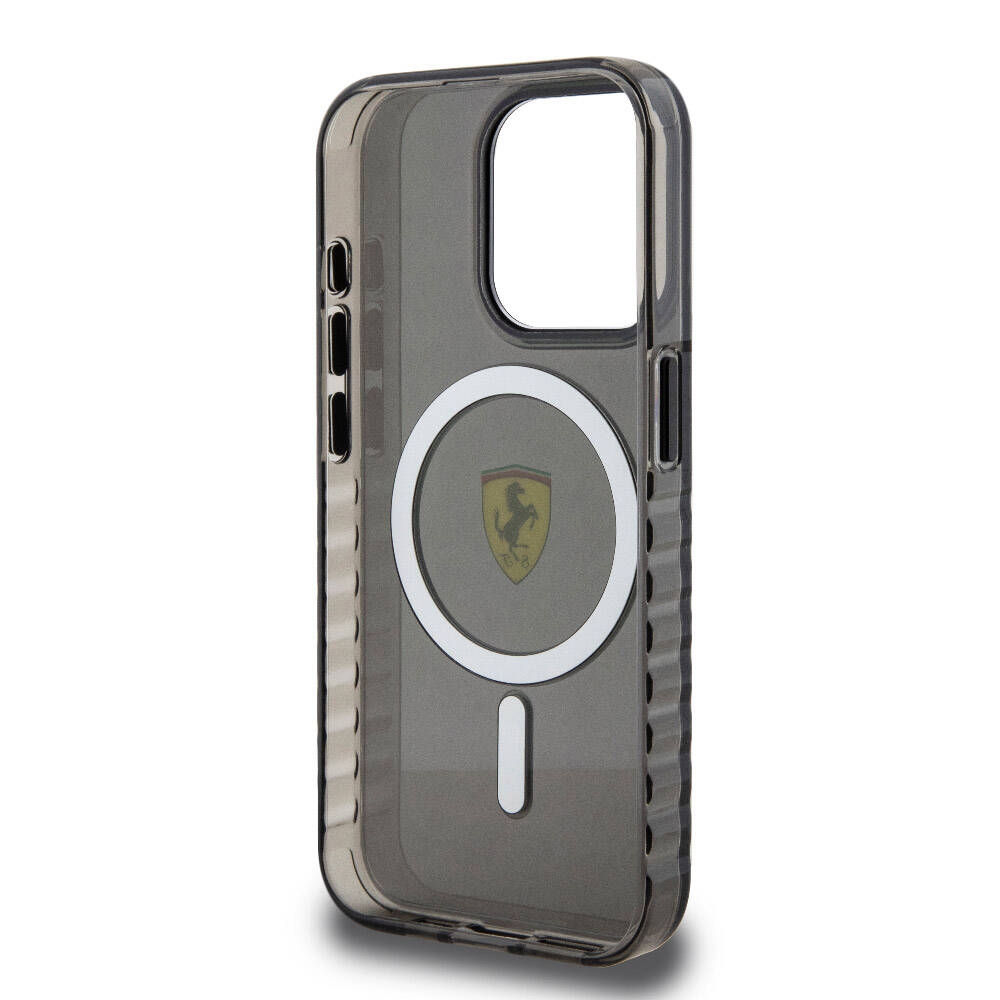 iPhone 15 Pro Max Kılıf Ferrari Orjinal Lisanslı Magsafe Şarj Özellikli Tırtıklı Kenar Tasarımlı Ortalanmış Logo Kılıf Siyah