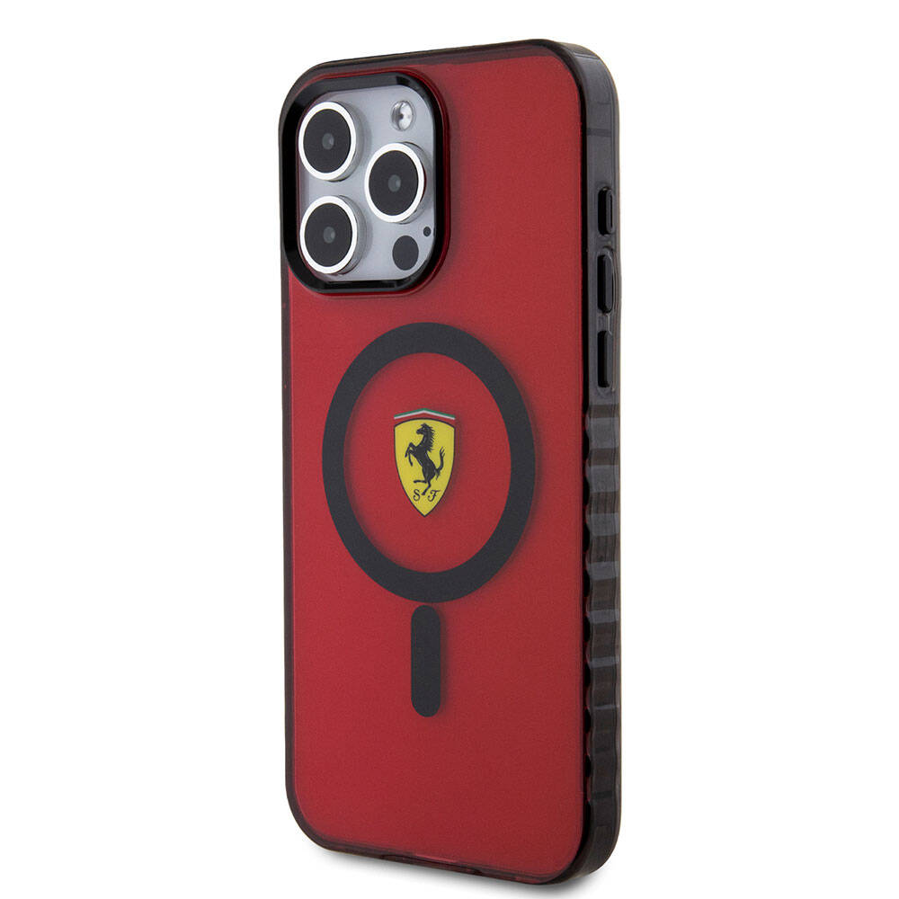 iPhone 15 Pro Max Kılıf Ferrari Orjinal Lisanslı Magsafe Şarj Özellikli Tırtıklı Kenar Tasarımlı Ortalanmış Logo Kılıf Kırmızı