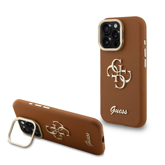 Apple iPhone 15 Pro Max Kılıf Guess Orjinal Lisanslı Grained Yazı Logolu Kamera Standlı Kapak Bej