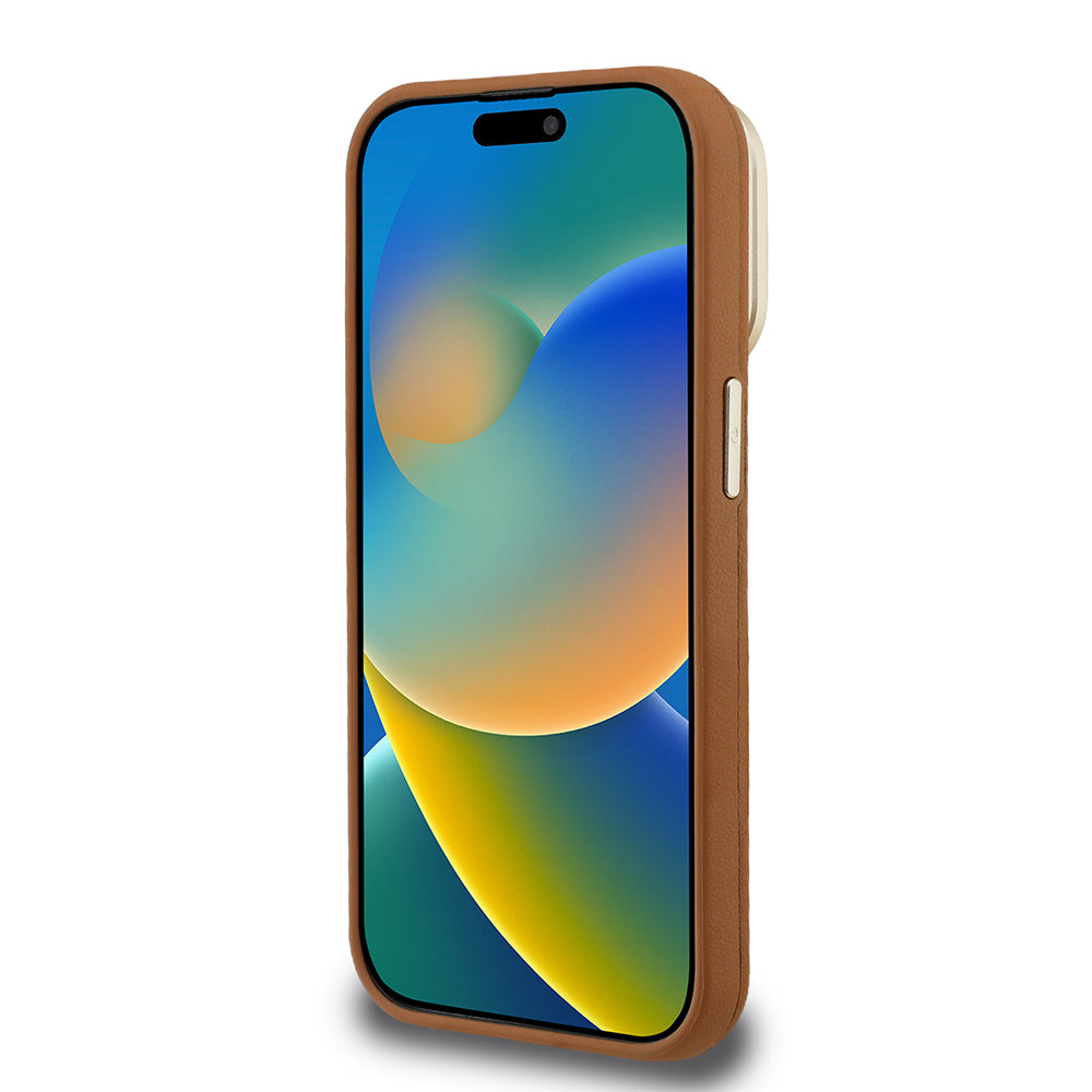 Apple iPhone 15 Pro Max Kılıf Guess Orjinal Lisanslı Grained Yazı Logolu Kamera Standlı Kapak Bej