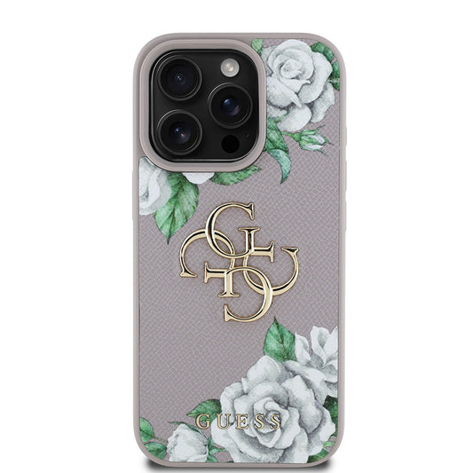 Apple iPhone 15 Pro Max Kılıf Guess Orjinal Lisanslı Gül Baskılı Büyük Metal Logo Dizaynlı Kapak Pembe