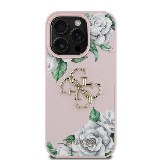 Apple iPhone 15 Pro Max Kılıf Guess Orjinal Lisanslı Gül Baskılı Büyük Metal Logo Dizaynlı Kapak Pembe