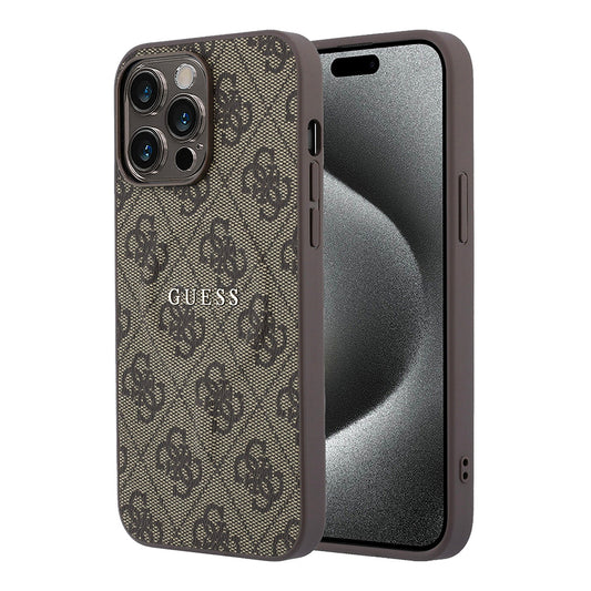 Apple iPhone 15 Pro Max Kılıf Guess Orjinal Lisanslı M-safe Kabartmalı 4G Desenli Yazı Logolu Kapak