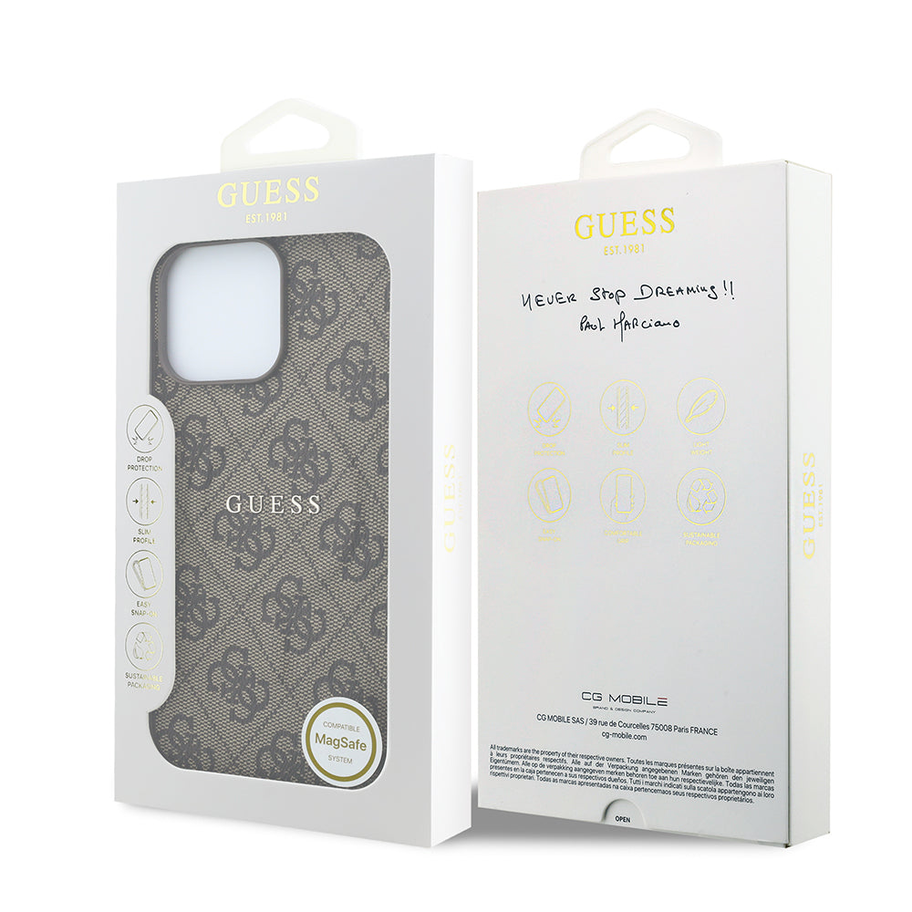 Apple iPhone 15 Pro Max Kılıf Guess Orjinal Lisanslı M-safe Kabartmalı 4G Desenli Yazı Logolu Kapak