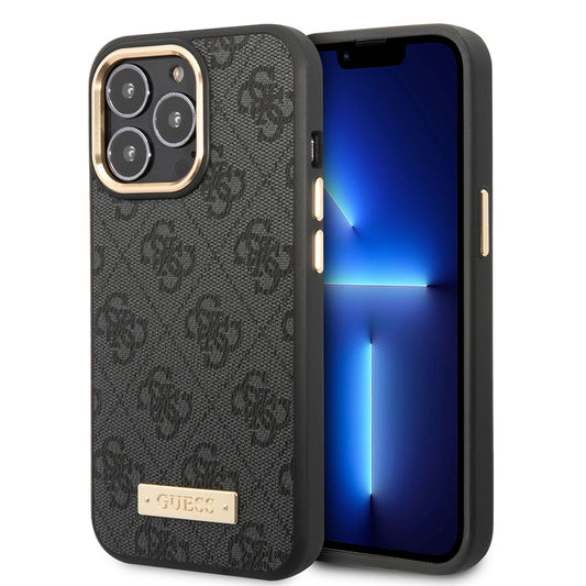 Apple iPhone 15 Pro Max Kılıf Guess Orjinal Lisanslı M-safe Şarj Özellikli 4G Desenli PU Metal Plaka Klasik Logolu Kapak Kahverengi