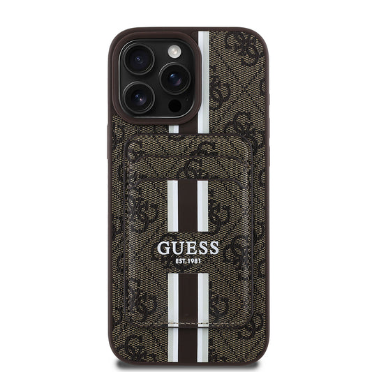 Apple iPhone 15 Pro Max Kılıf Guess Orjinal Lisanslı M-safe Şarj Özellikli 4G Desenli Çizgili Kartlıklı Kapak Siyah