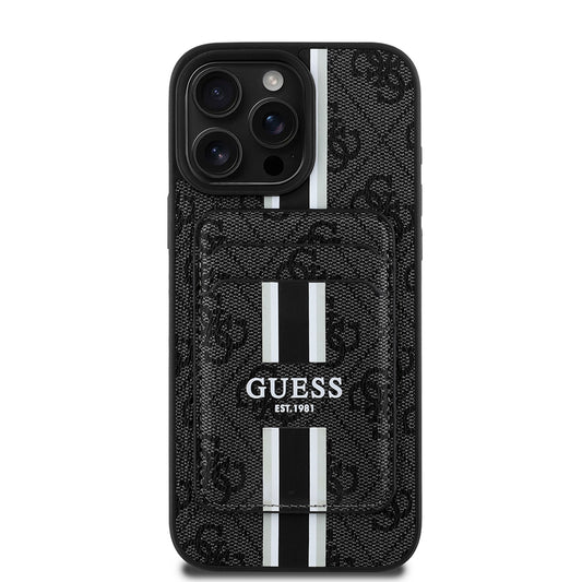 Apple iPhone 15 Pro Max Kılıf Guess Orjinal Lisanslı M-safe Şarj Özellikli 4G Desenli Çizgili Kartlıklı Kapak Siyah