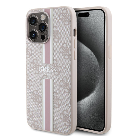 Apple iPhone 15 Pro Max Kılıf Guess Orjinal Lisanslı M-safe Şarj Özellikli 4G Şerit Tasarımlı Printed Kapak