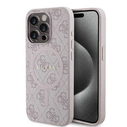 Apple iPhone 15 Pro Max Kılıf Guess Orjinal Lisanslı M-safe Şarj Özellikli PU Halkalı 4G Desenli Yazı Logolu Kapak