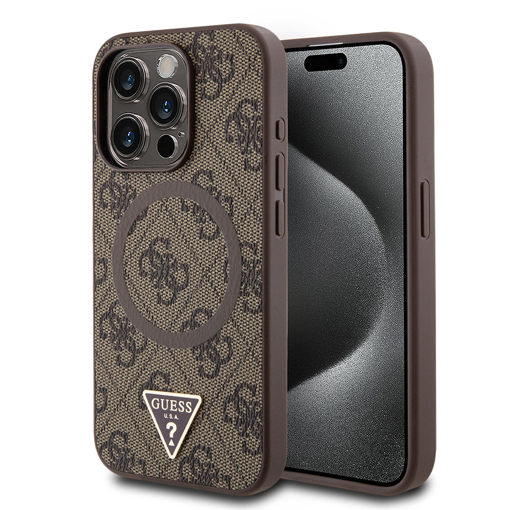 Apple iPhone 15 Pro Max Kılıf Guess Orjinal Lisanslı M-safe Şarj Özellikli PU Üçgen Logo 4G Desenli Kapak