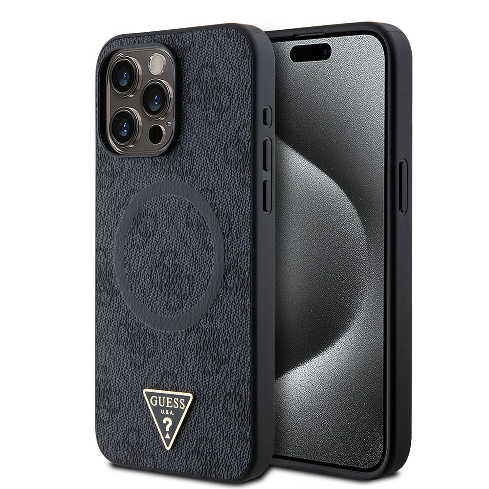 Apple iPhone 15 Pro Max Kılıf Guess Orjinal Lisanslı M-safe Şarj Özellikli PU Üçgen Logo 4G Desenli Kapak