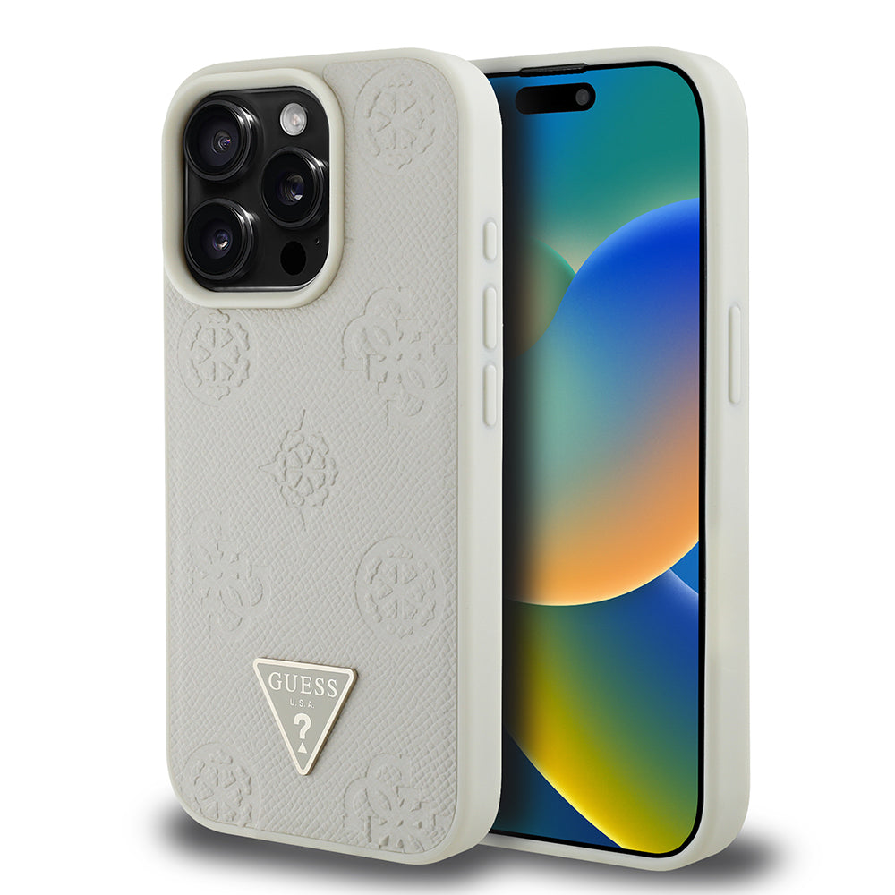 Apple iPhone 15 Pro Max Kılıf Guess Orjinal Lisanslı M-safe Şarj Özellikli Sıcak Baskılı Üçgen Logolu PU Deri Peony Kapak Siyah