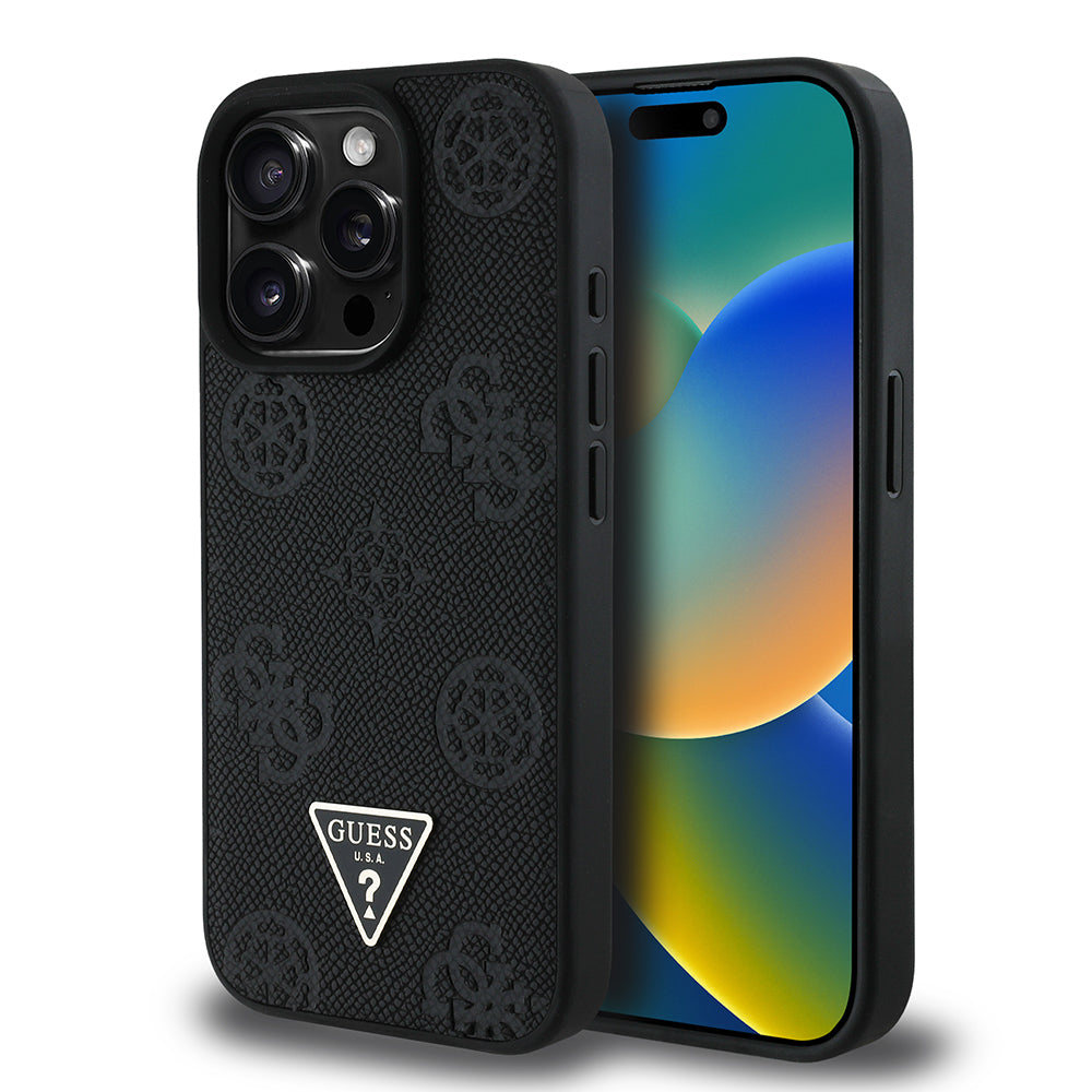 Apple iPhone 15 Pro Max Kılıf Guess Orjinal Lisanslı M-safe Şarj Özellikli Sıcak Baskılı Üçgen Logolu PU Deri Peony Kapak Bej