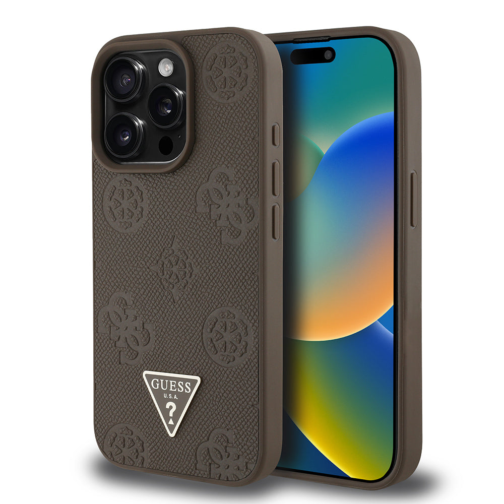 Apple iPhone 15 Pro Max Kılıf Guess Orjinal Lisanslı M-safe Şarj Özellikli Sıcak Baskılı Üçgen Logolu PU Deri Peony Kapak Siyah