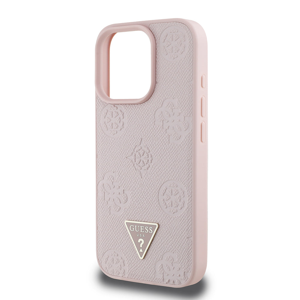 Apple iPhone 15 Pro Max Kılıf Guess Orjinal Lisanslı M-safe Şarj Özellikli Sıcak Baskılı Üçgen Logolu PU Deri Peony Kapak Pembe