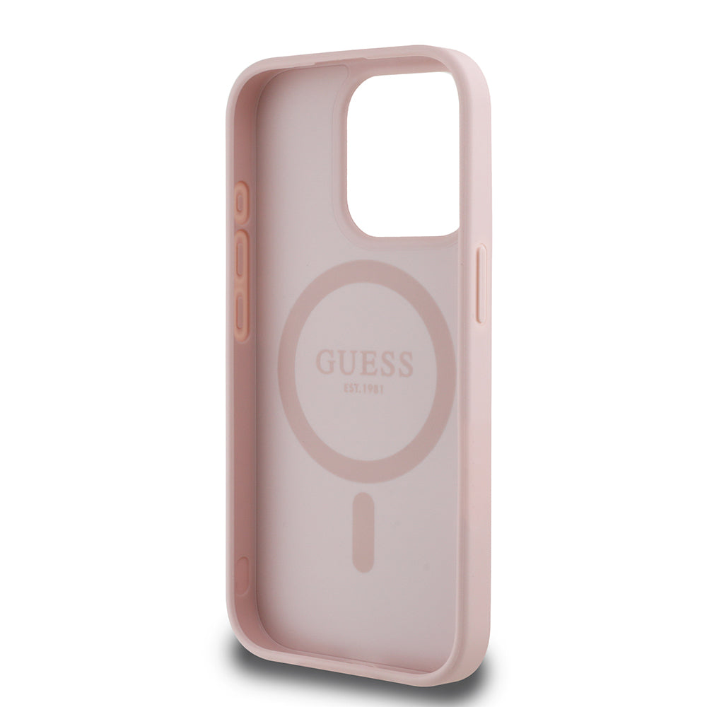 Apple iPhone 15 Pro Max Kılıf Guess Orjinal Lisanslı M-safe Şarj Özellikli Sıcak Baskılı Üçgen Logolu PU Deri Peony Kapak Siyah