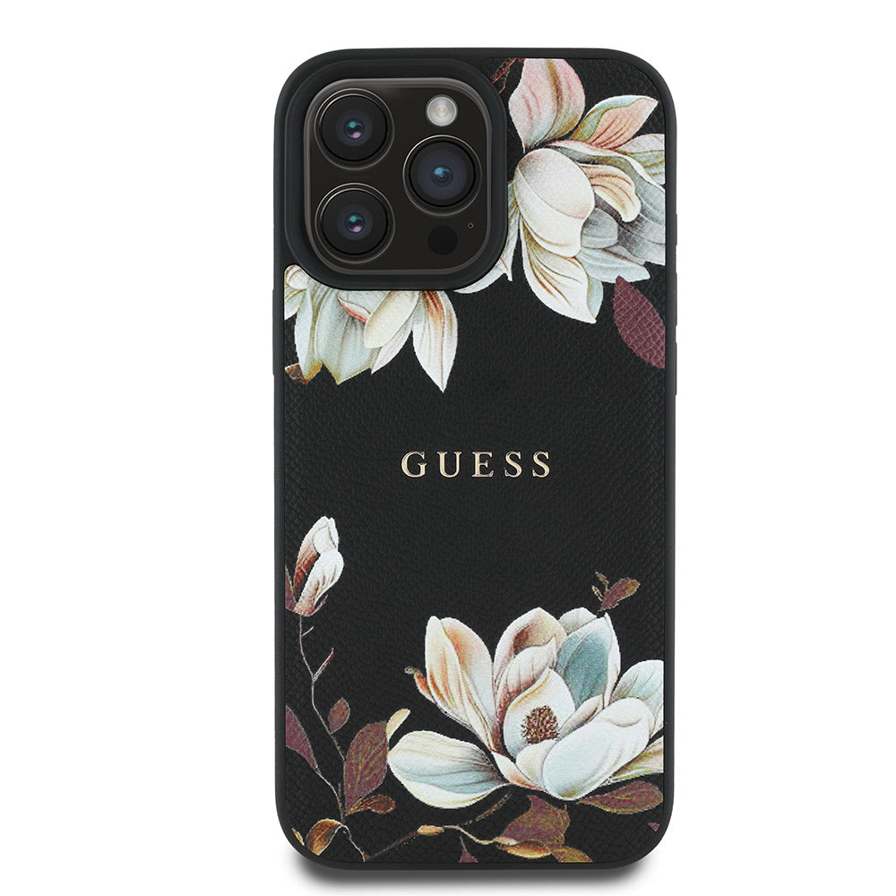 Apple iPhone 15 Pro Max Kılıf Guess Orjinal Lisanslı M-safe Şarj Özellikli Taneli Çiçek Tasarımlı Metal Yazı Logolu Kapak