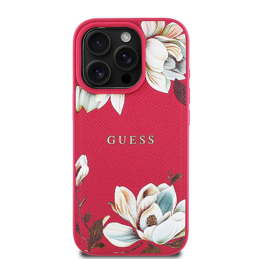 Apple iPhone 15 Pro Max Kılıf Guess Orjinal Lisanslı M-safe Şarj Özellikli Taneli Çiçek Tasarımlı Metal Yazı Logolu Kapak Kırmızı