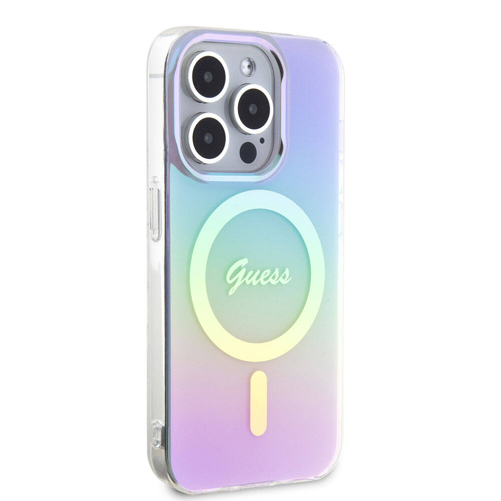 Apple iPhone 15 Pro Max Kılıf Guess Orjinal Lisanslı M-safe Şarj Özellikli Yazı Logolu Iridescent Kapak