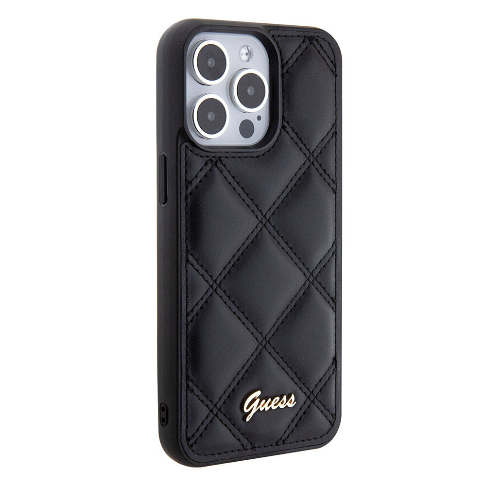 Apple iPhone 15 Pro Max Kılıf Guess Orjinal Lisanslı PU Deri Metal Yazı Logolu Kapitone Kapak