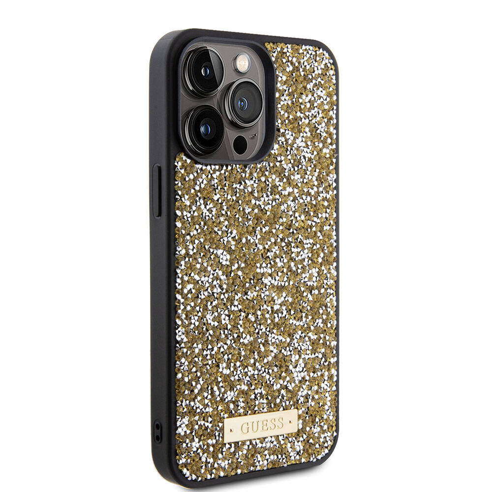 Apple iPhone 15 Pro Max Kılıf Guess Orjinal Lisanslı Taşlı Arka Yüzey Metal Yazı Logolu Kapak