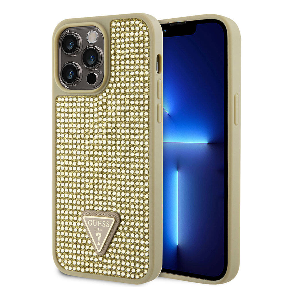Apple iPhone 15 Pro Max Kılıf Guess Orjinal Lisanslı Taşlı Arka Yüzey Üçgen Logolu Kapak