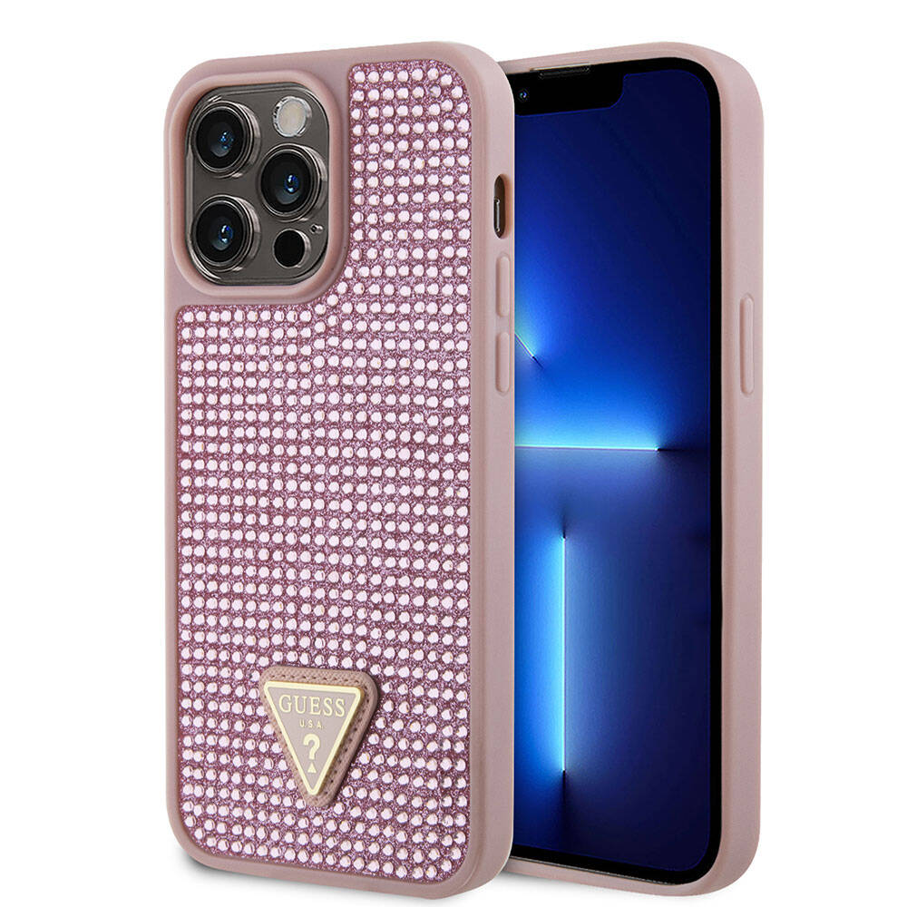 Apple iPhone 15 Pro Max Kılıf Guess Orjinal Lisanslı Taşlı Arka Yüzey Üçgen Logolu Kapak