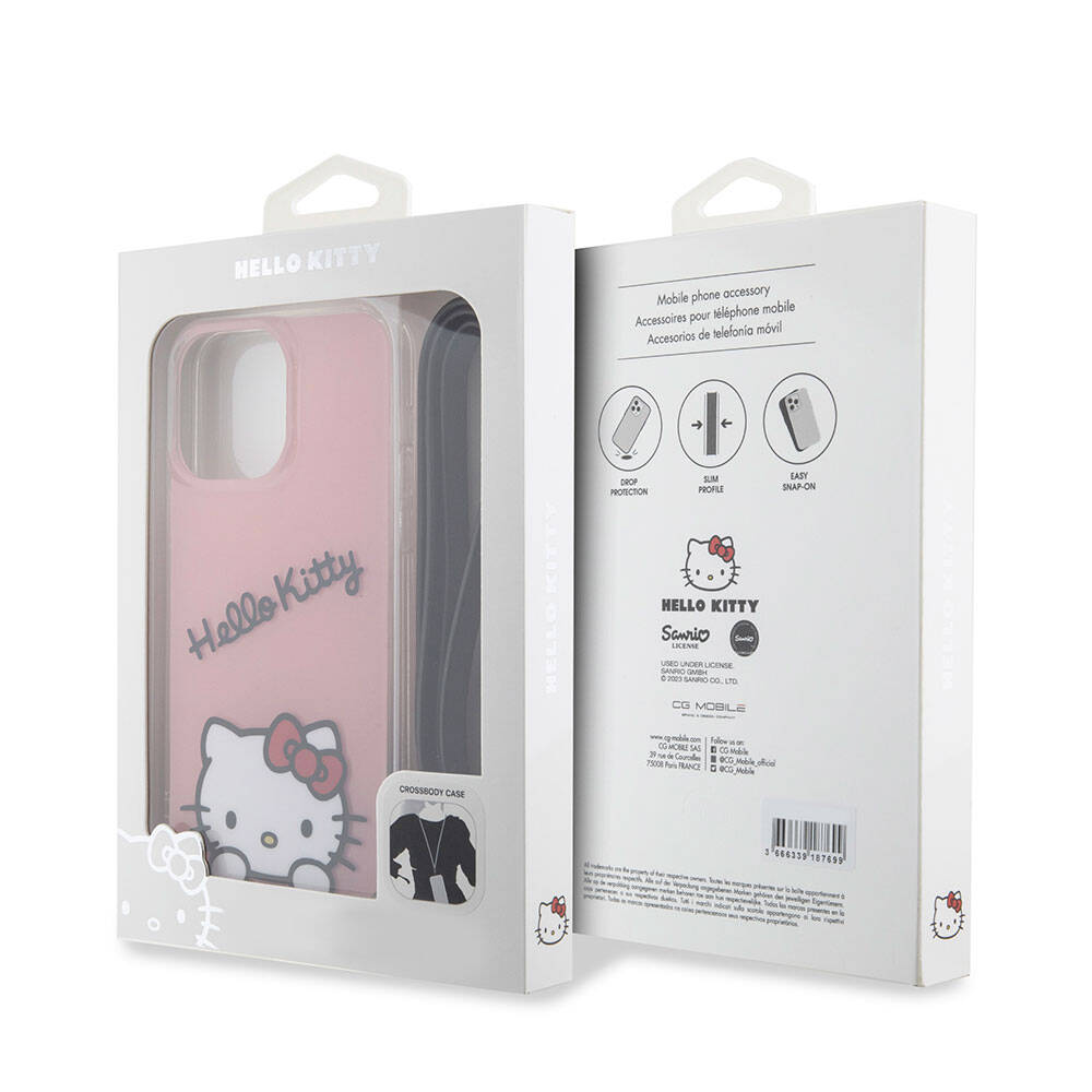 iPhone 15 Pro Max Kılıf Hello Kitty Orjinal Lisanslı Askılı Yazı ve İkonik Logolu Daydreaming Kılıf Pembe