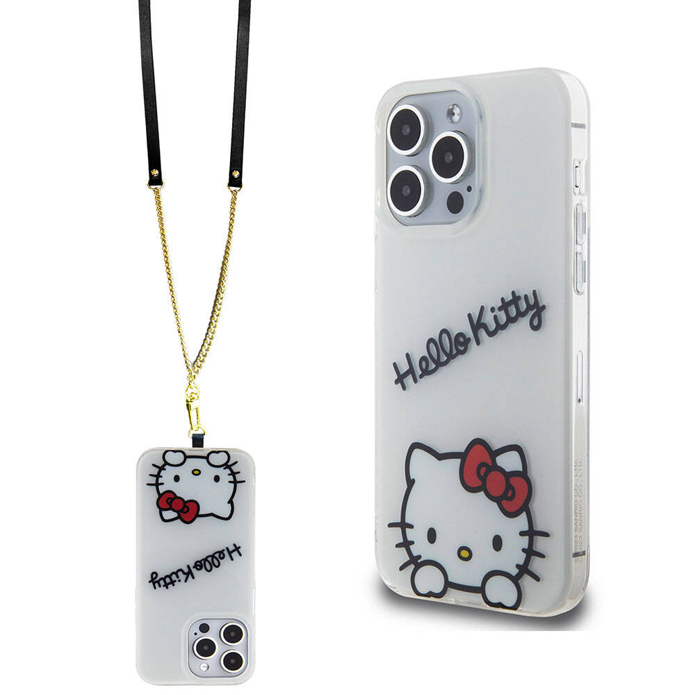 iPhone 15 Pro Max Kılıf Hello Kitty Orjinal Lisanslı Askılı Yazı ve İkonik Logolu Daydreaming Kılıf Beyaz