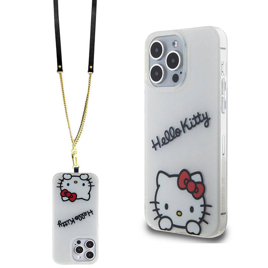 iPhone 15 Pro Max Kılıf Hello Kitty Orjinal Lisanslı Askılı Yazı ve İkonik Logolu Daydreaming Kılıf Beyaz